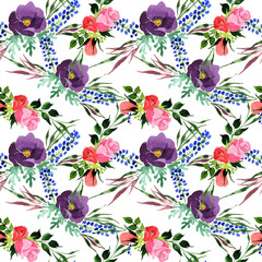 Bouquet flower pattern in a watercolor style. Full name of the plant: rosa, hulthemia. Aquarelle wild flower for background, texture, wrapper pattern, frame or border.