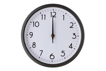 Round office wall clock on white, midnight or midday