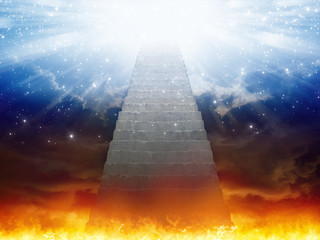 Heaven and hell, staircase to heaven, light of hope from blue skies
