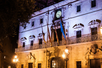 Palma Town Hall decorated for Christmas on Plaza de Cort, Palma, Majorca, Spain © Jeanne Emmel