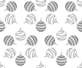 Vector seamless pattern of hand drawn Christmas ball toy. Coloring page book holiday background