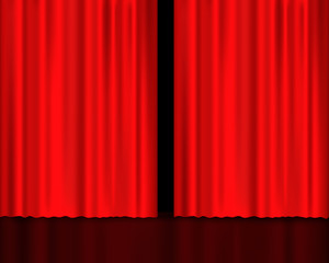 Realistic red theatrical curtain of shiny material with reflection on stage. Vector illustration, eps 10.