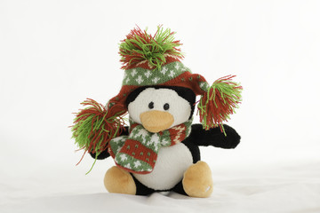 Penguins wearing a hat and a canvas on a white background.