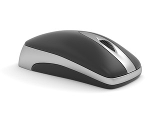 3d illustration of a black and gray computer mouse on a white background.