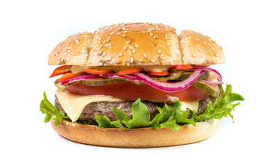 Fast food Burger with salad isolated against white background