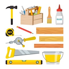 Carpentry And Woodwork Tools Set Vector. Repair And Building Accessories. Board, Hammer, Toolbox, Brush, Glue, Pencil, Tape Measure, Saw, Ruler, Bucket, Drill. Isolated Flat Cartoon Illustration