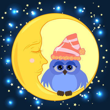 A sweet cartoon owl with sad eyes on a sleeping cap sits on a drowsy crescent moon against the background of a night sky with stars