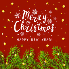 Christmas tree branches on red background