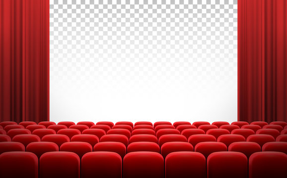 White transparent cinema movie theatre screen with red curtains and rows of chairs, realistic vector illustration, background. Concept movie premiere, poster with interior of cinema and space for text