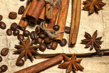 Cinnamon and coffee beans,anise stars - a mixture of spices