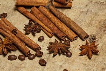 Cinnamon and coffee beans,anise stars - a mixture of spices