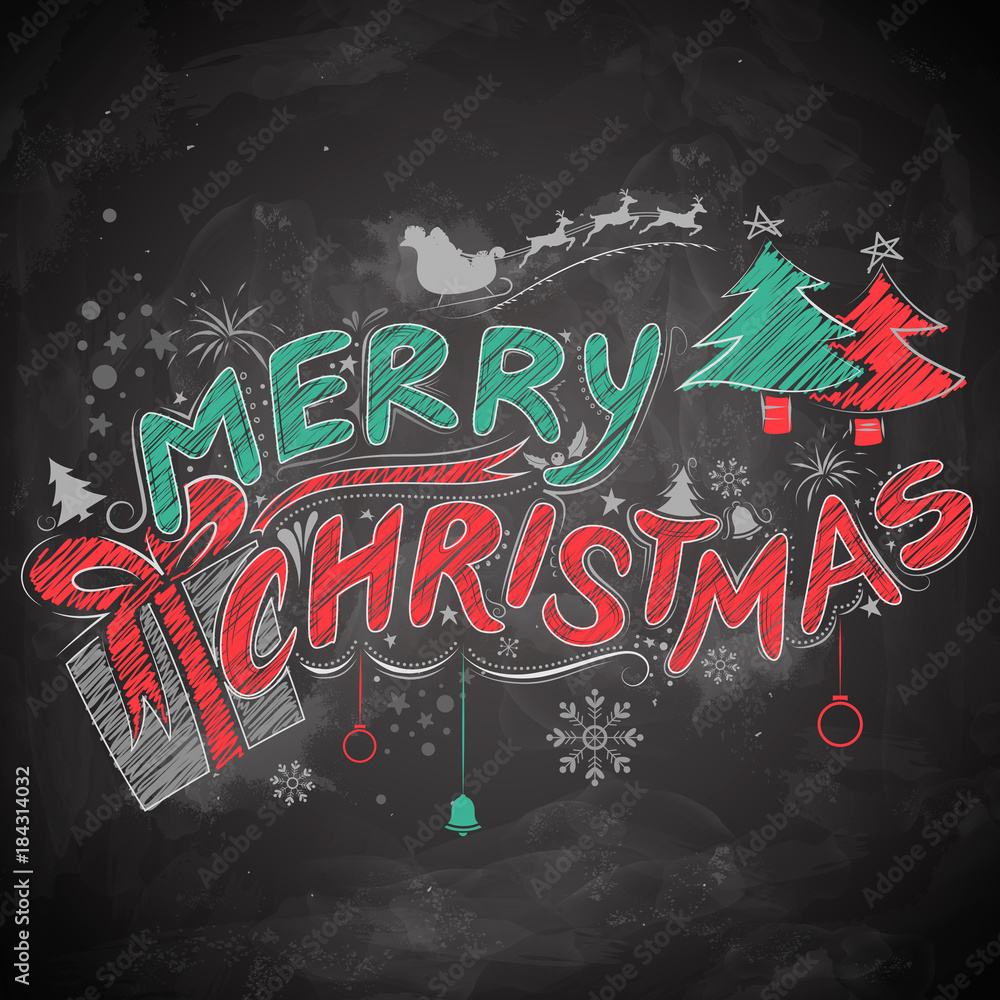 Poster merry christmas chalk lettering design set typography style greeting black board background