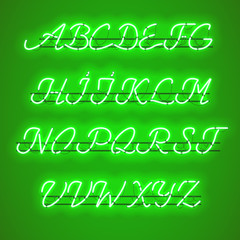 Glowing Green Neon Script Font with uppercase letters from A to Z with wires, tubes, brackets and holders. Shining and glowing neon effect. Vector illustration.