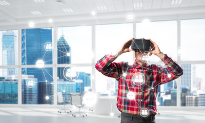 Guy wearing checked shirt and virtual mask demonstrating some emotions
