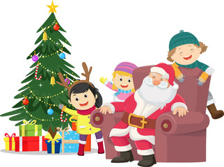 Fototapeta premium Merry Christmas. illustration of happy kids with santa claus