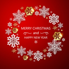 Red holiday background with snowflakes.