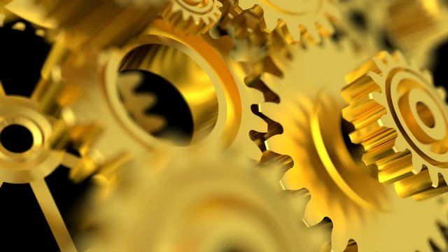 4K Animation 3D Rendering golden metal rotation mechanic wheel gear on the dark background