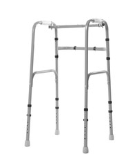 Metal walking frame on white background