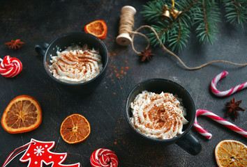 Christmas hot chocolate in a black cup with caramelized oranges, fir branches and candy cane on dark background, Selective focus