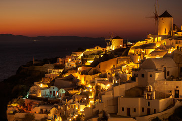 Sunset view of Oia town on Santorini in Greece