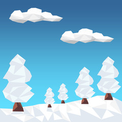Winter background with polygonal firs trees and clouds. Landscape season. Vector graphic illustration.
