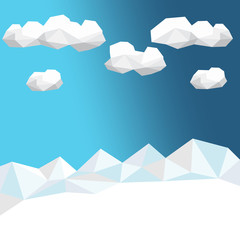 Winter low poly background with polygonal firs trees and clouds. Landscape season. Vector illustration.
