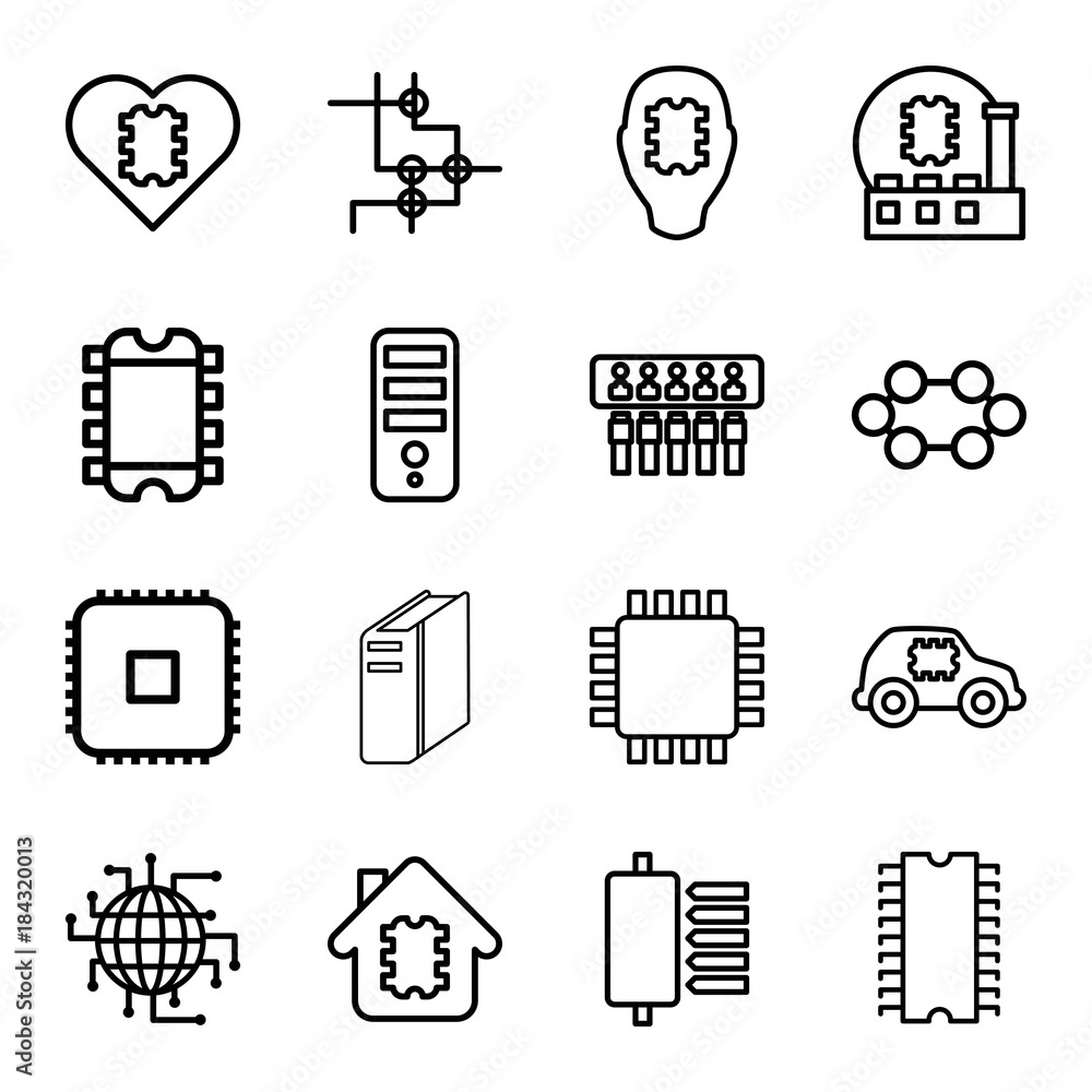 Poster set of 16 cpu outline icons