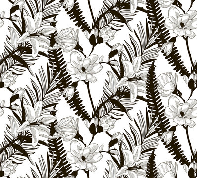 Vector Seamless Pattern with Drawn Flowers and Leaves