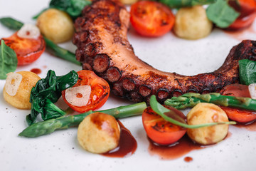 Fried octopus tentacles with vegetable on white plate on dark wood background