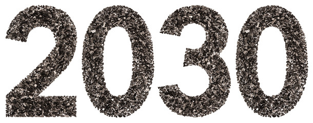 Numeral 2030 from black a natural charcoal, isolated on white background