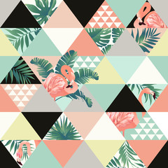 Naklejka premium Exotic beach trendy seamless pattern, patchwork illustrated floral vector tropical banana leaves. Jungle pink flamingos Wallpaper print background mosaic