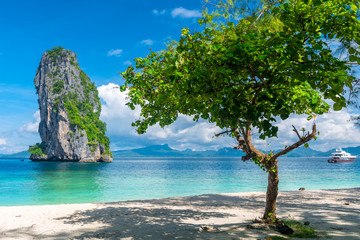 View from Poda Island on a beautiful rock and tree on a sunny day, Thailand