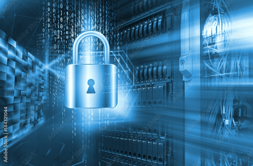 Poster network safety concept server closed with padlock, database security.