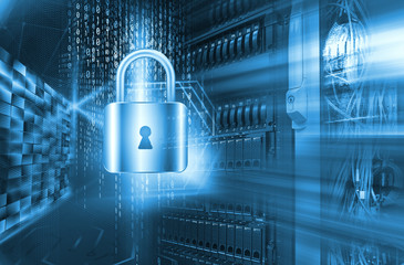 Network safety concept server closed with padlock, database security.