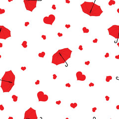 Seamless pattern red hearts and umbrellas on white background, vector, eps 10