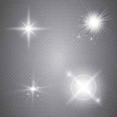 Set of glowing light effects with transparency isolated on plaid vector background. Lens flares, rays, stars and sparkles with bokeh collection.