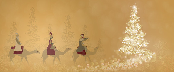 Christmas time. The three kings follow the star to Bethlehem with christmas tree.