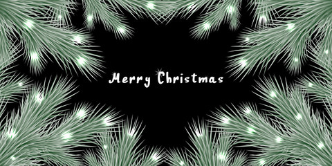 Fashion vector background with realistic branches of the Christmas tree and space for text. Frame isolated on black. Great for Christmas cards, banners, flyers, posters party. Vector eps 10.