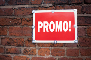Fototapeta premium Hand writing text caption inspiration showing Promo concept meaning Promo Sale Shopping Product Promotion written on old announcement road sign with background and copy space
