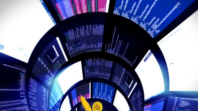 3D animation of flight bitcoins through a digital tunnel of data processing during mining of cryptocurrencies. The video shows the process of earning money. The camera moves backwards, seamless loop.