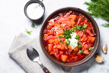 Traditional Ukrainian borscht. Top view.