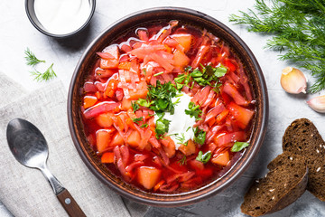 Traditional Ukrainian borscht. Top view.