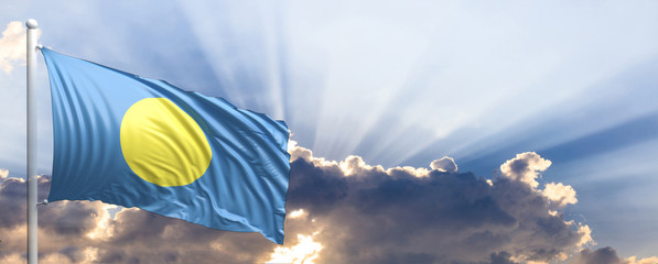 Palau flag on blue sky. 3d illustration