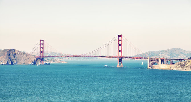 Panoramic picture of the Golden Gate Bridge, color toned image, San Francisco, USA.