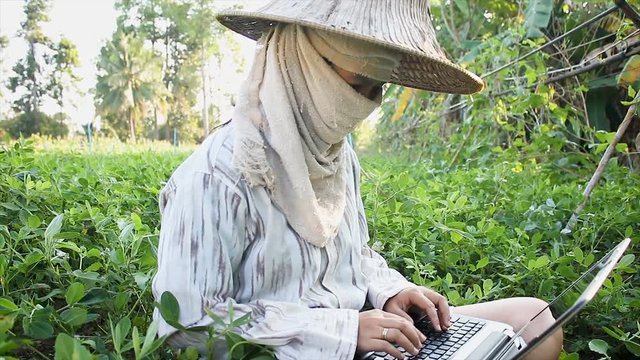 4K Farmer using laptop computer in the organic farm checking process and record, technology for agriculture concept