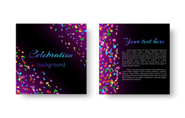 New Year invitation card with shiny bright particles of confetti falling on the lilac backdrop