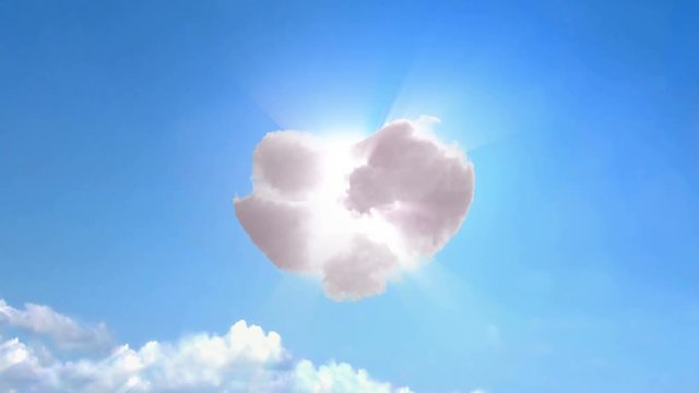 Bright blue sky and sun with fluffy clouds forming a heart shape.
The camera then zooms into the cloud for a transition.