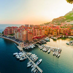 Panoramic view of Port de Fontvieille in Monaco. Azur coast. Colorful bay with a lot of luxury...