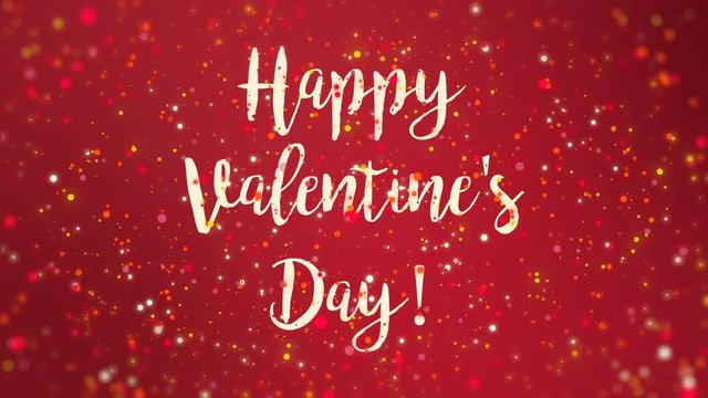 Romantic sparkly red Happy Valentine's Day greeting card animation with handwritten text and falling colorful glitter particles.