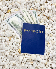 Dollars in blue passport on pebble pebble shingle